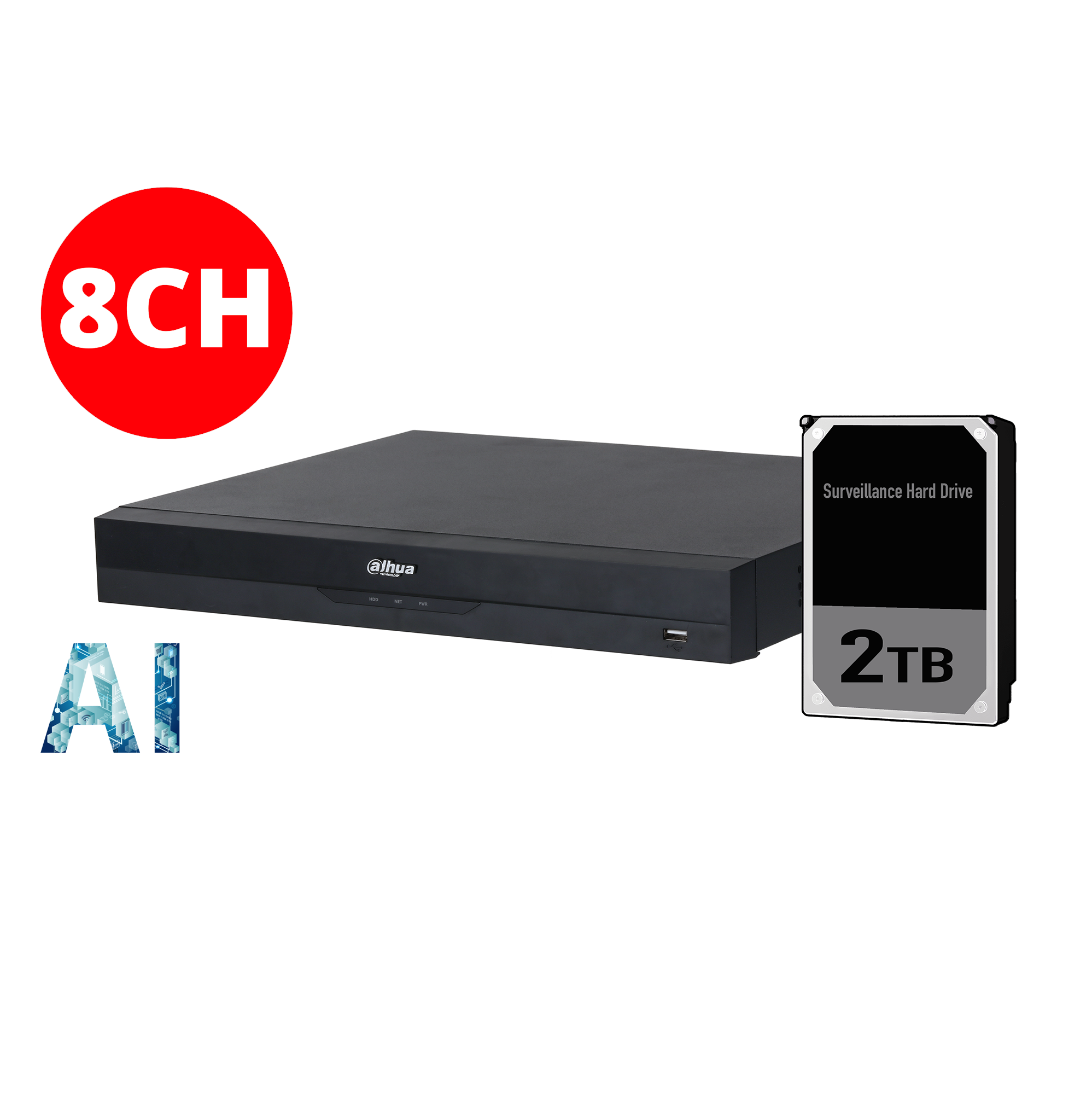 Dahua 8ch NVR Record Up to 16MP, 8 Port PoE,HDMI(4K),Smart 2.0, P2P, Support 2 HDD, 2TB HDD installed.