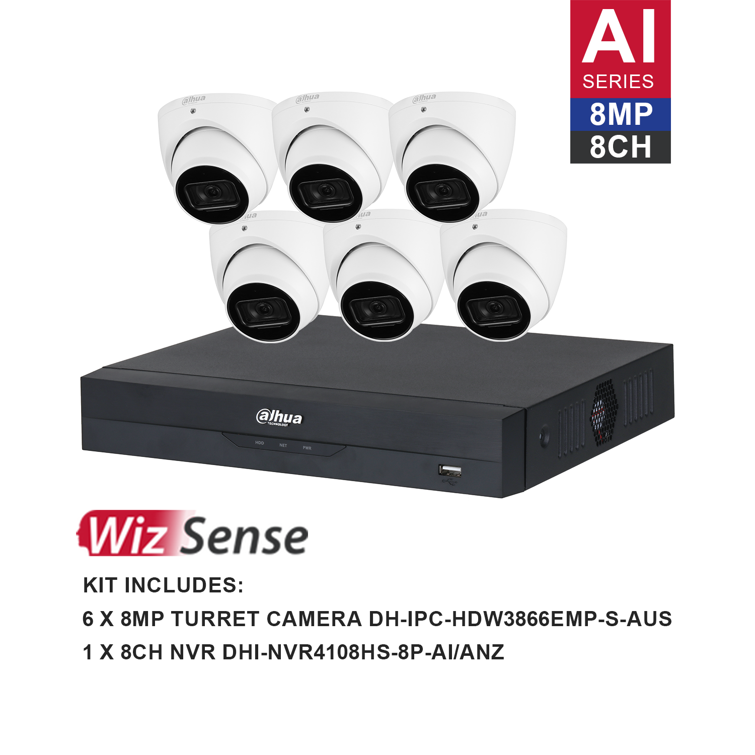 Dahua WizSense AI 8 Channel Kit including 6*DH-IPC-HDW3866EMP-S-AUS, 1*DHI-NVR4108HS-8P-AI/ANZ, the hard drive is not included. Please purchase a hard drive separately.