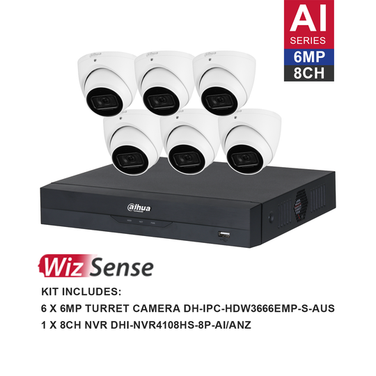 Dahua WizSense AI 8 Channel Kit including 6*DH-IPC-HDW3666EMP-S-AUS, 1*DHI-NVR4108HS-8P-AI/ANZ, the hard drive is not included. Please purchase a hard drive separately.