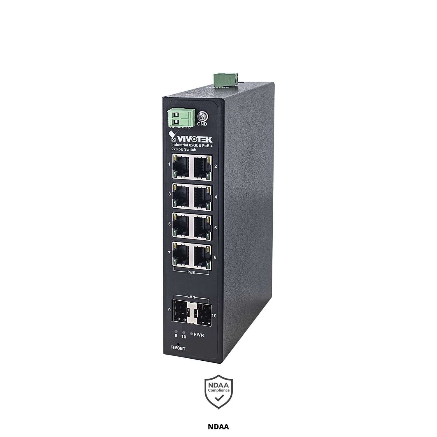 Industrial 8xGE PoE + 2xGE SFP Switch, Per PoE port up to 30W, Power budget 240W, 48~56VDC input, -40°C to 75°C.