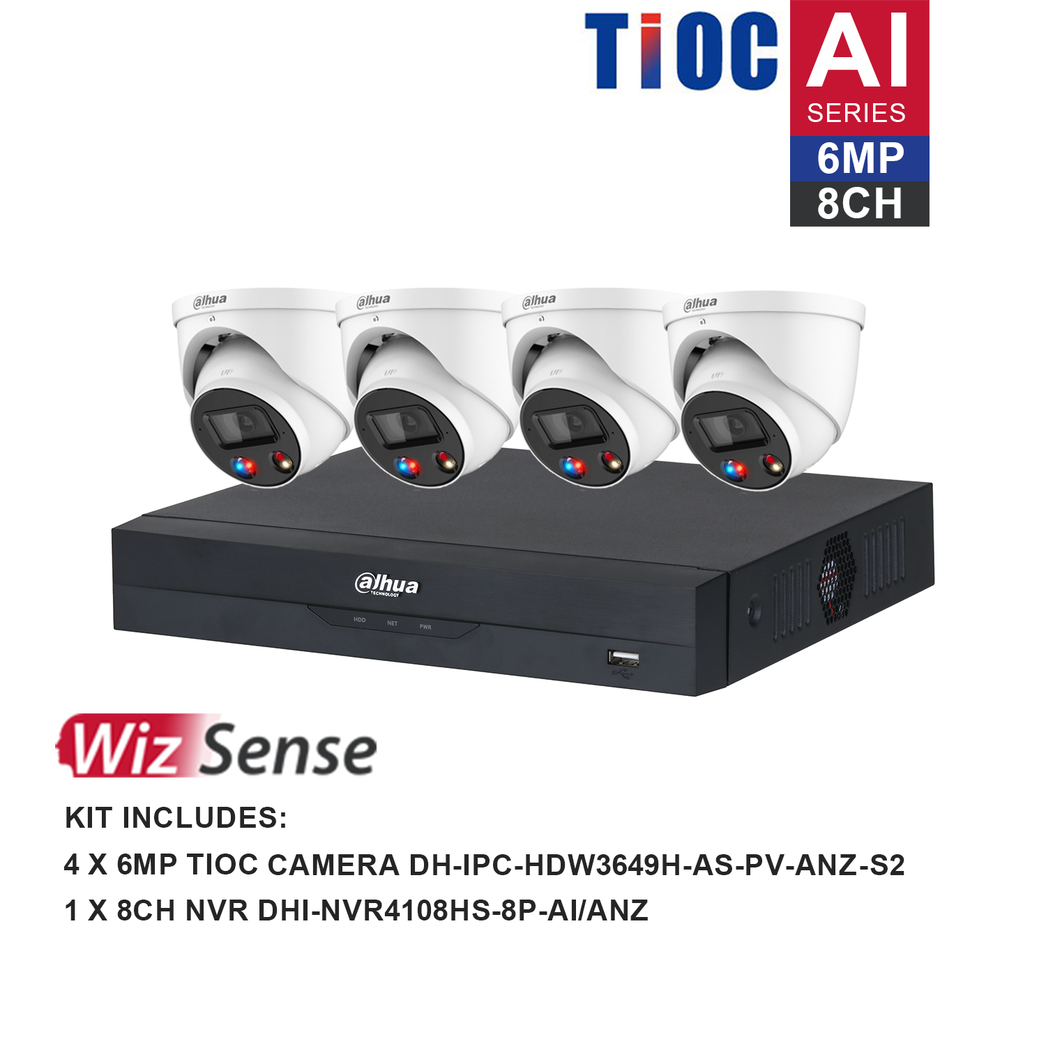 Dahua WizSense AI TiOC 8 Channel Kit including 4*DH-IPC-HDW3649H-AS-PV-ANZ, 1*DHI-NVR4108HS-8P-AI/ANZ, the hard drive is not included. Please purchase a hard drive separately.