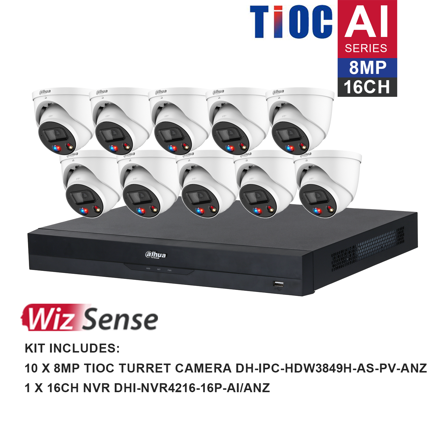 Dahua WizSense AI TiOC 16 Channel Kit including 10*DH-IPC-HDW3849H-AS-PV-ANZ, 1*DHI-NVR4216-16P-AI/ANZ, the hard drive is not included. Please purchase a hard drive separately.