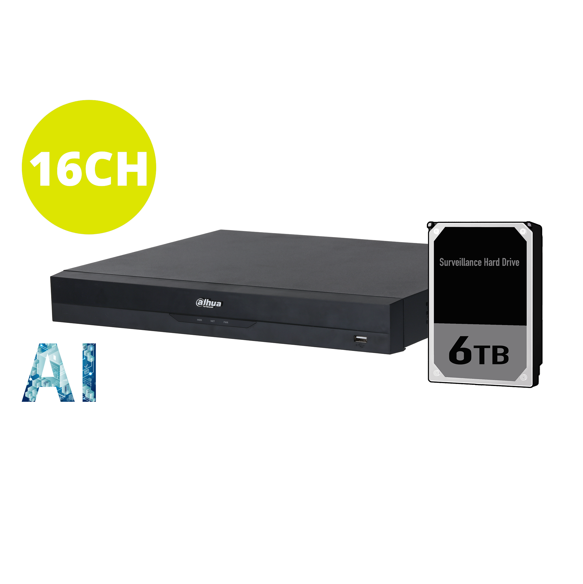 Dahua 16ch NVR Record Up to 16MP, 16 Port PoE,HDMI(4K),Smart 2.0, P2P, Support 2 HDD, 6TB HDD installed.