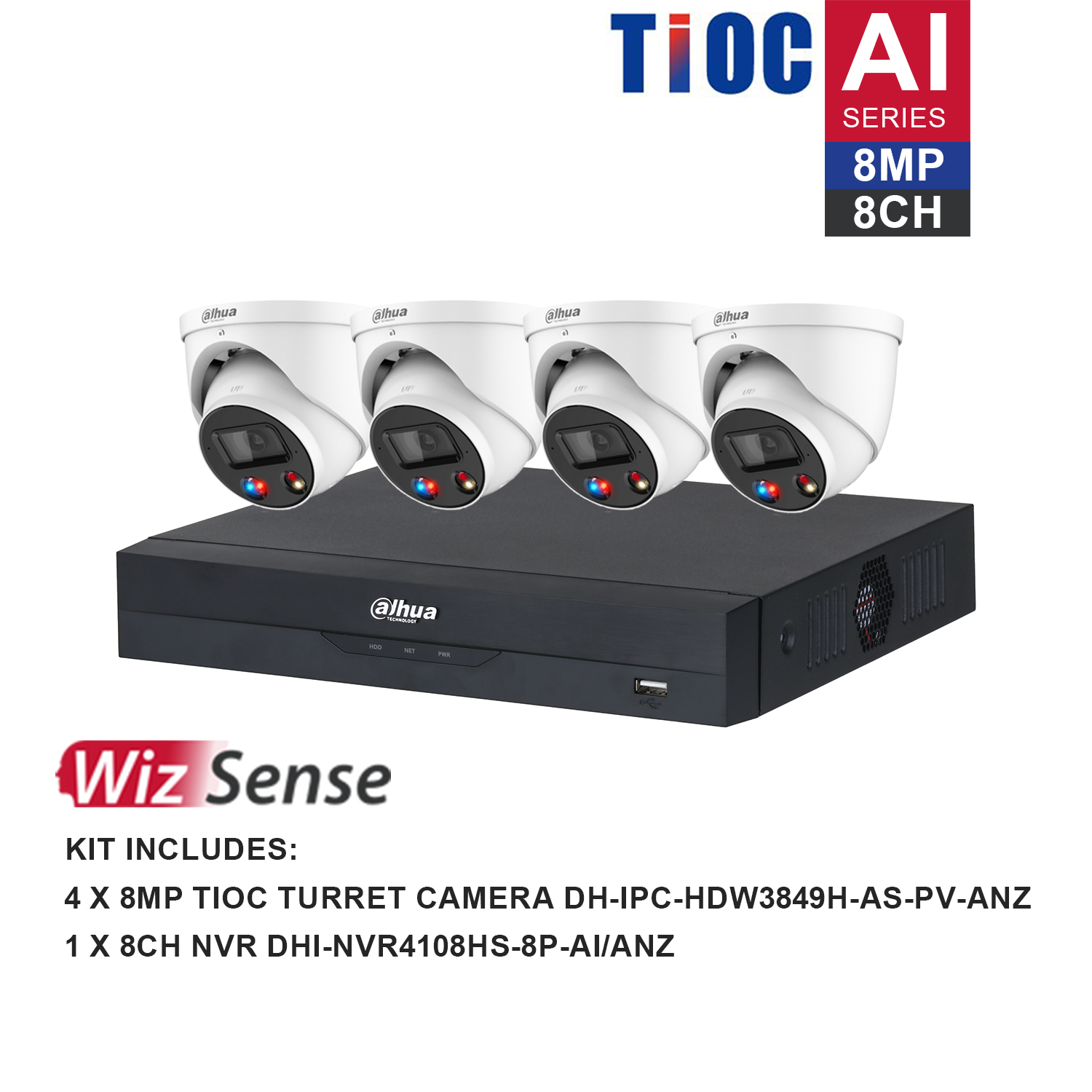 Dahua WizSense AI TiOC 8 Channel Kit including 4*DH-IPC-HDW3849H-AS-PV-ANZ, 1*DHI-NVR4108HS-8P-AI/ANZ, the hard drive is not included. Please purchase a hard drive separately.