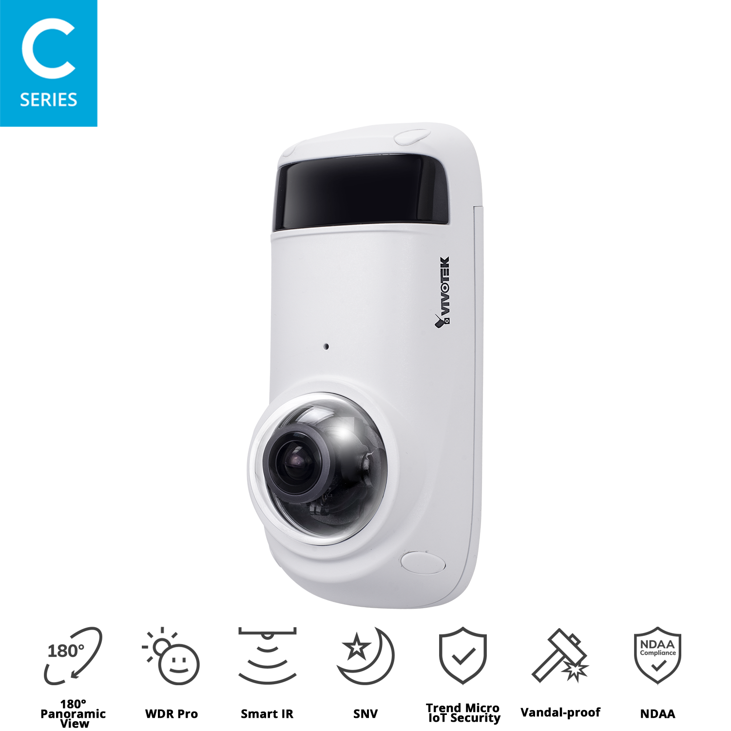 Outdoor Vandal Dome, 5MP 180°  Panoramic, 30fps, H.265/H.264/MJPEG, f1.6mm fisheye lens, Day/Night, 180° IR Illuminators, WDR Pro 120dB, PoE, built-in mic, MicroSD/SDHC/SDXC, IP66, IK10, operating temp (-20°C  ~ 50°C/ -4°F ~ 122°F).
