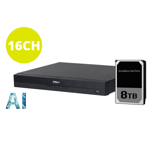 Dahua 16ch NVR Record Up to 16MP, 16 Port PoE,HDMI(4K),Smart 2.0, P2P, Support 2 HDD, 8TB HDD installed.