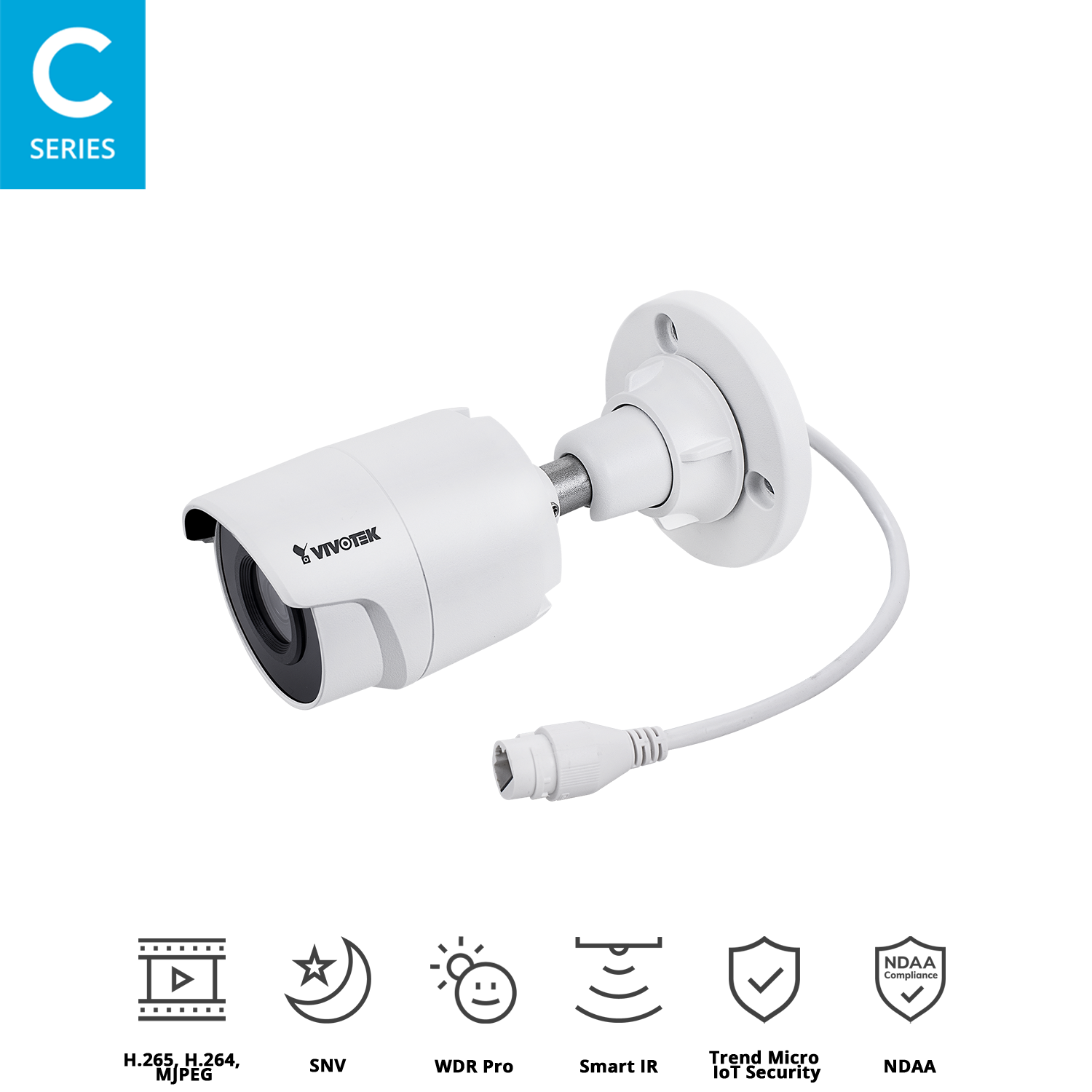 Outdoor Bullet, 5M 20fps, H.265/H.264/MJPEG, f3.6mm fixed focal lens, D/N, IR 30m, WDR Pro, PoE, MicroSD/SDHC/SDXC, Working Temperature: -30°C ~ 60°C (-22°F ~ 140°F).