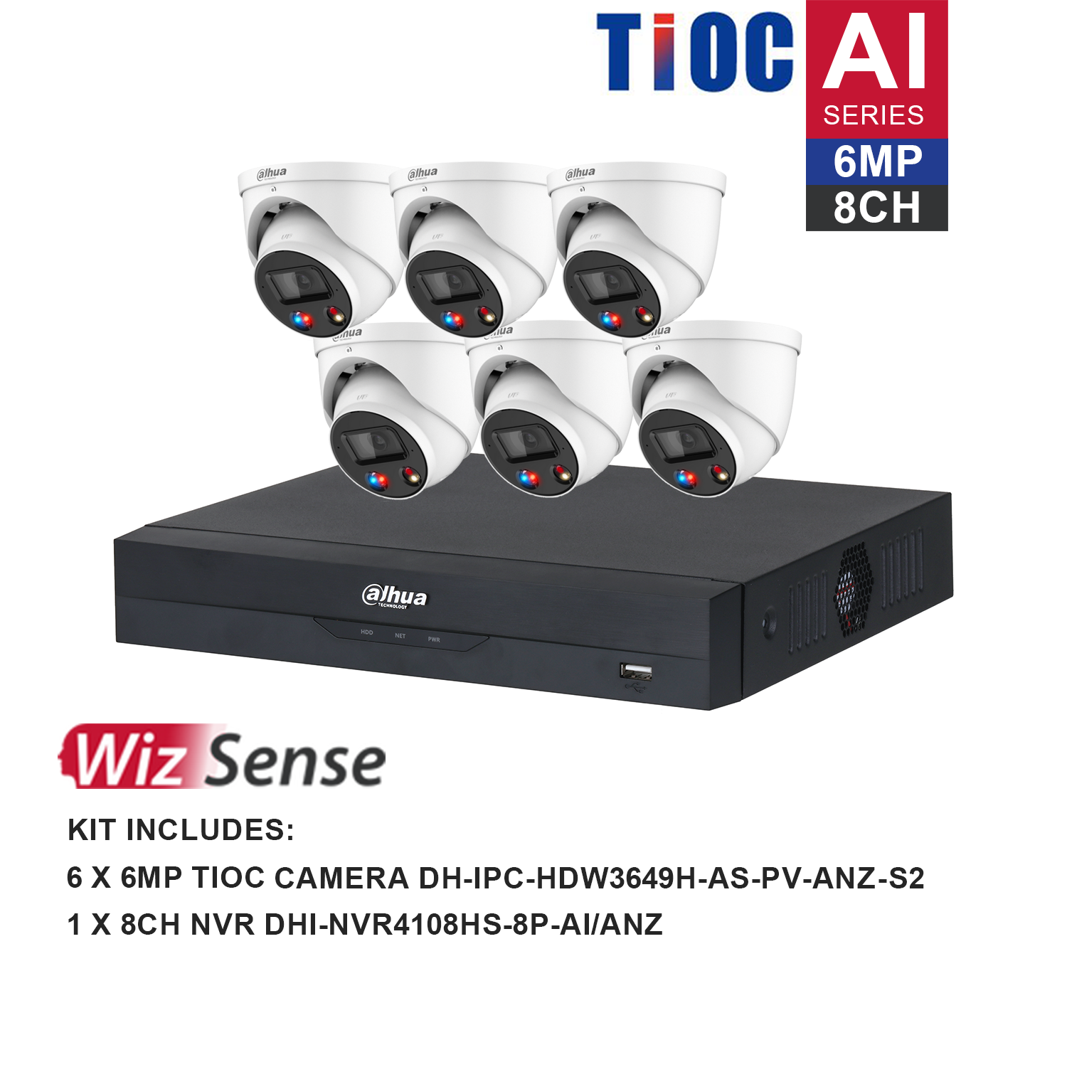 Dahua WizSense AI TiOC 8 Channel Kit including 6*DH-IPC-HDW3649H-AS-PV-ANZ, 1*DHI-NVR4108HS-8P-AI/ANZ, the hard drive is not included. Please purchase a hard drive separately.