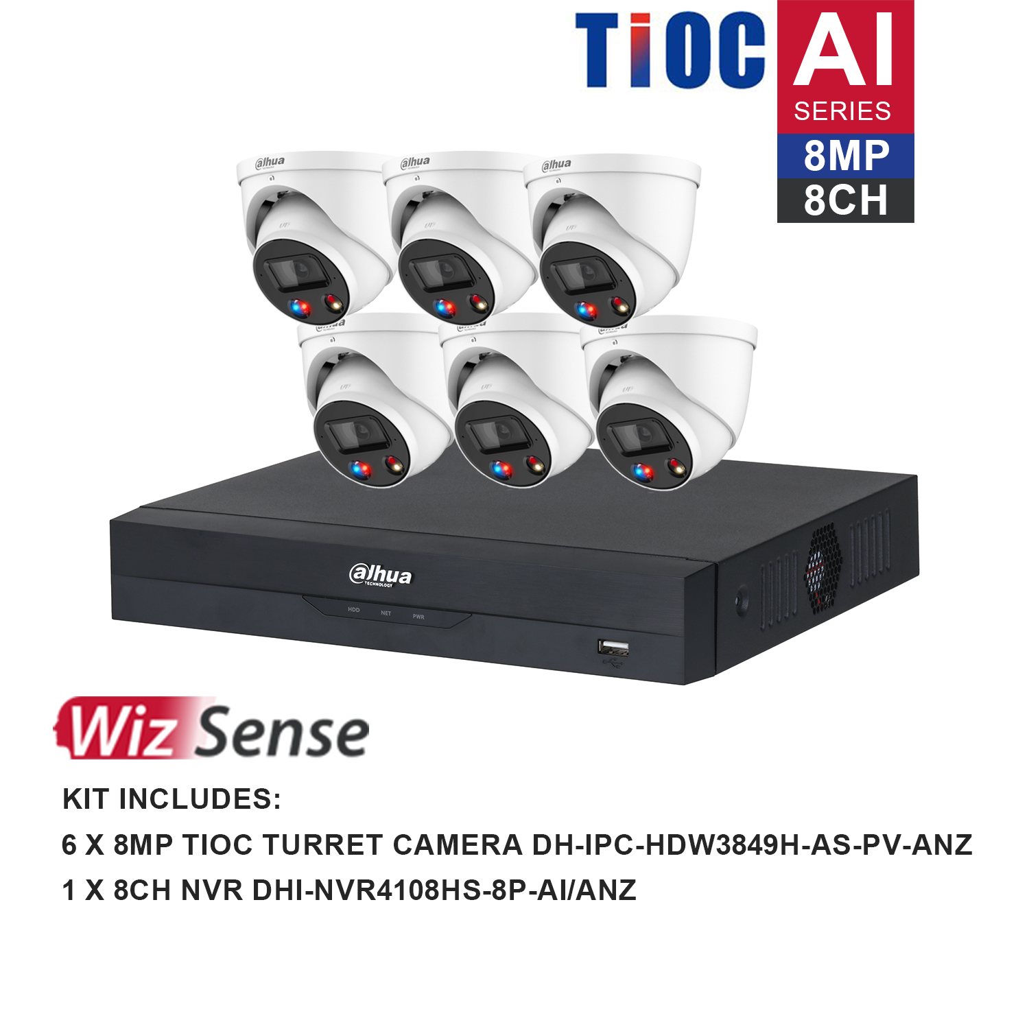 Dahua WizSense AI TiOC 8 Channel Kit including 6*DH-IPC-HDW3849H-AS-PV-ANZ, 1*DHI-NVR4108HS-8P-AI/ANZ, the hard drive is not included. Please purchase a hard drive separately.