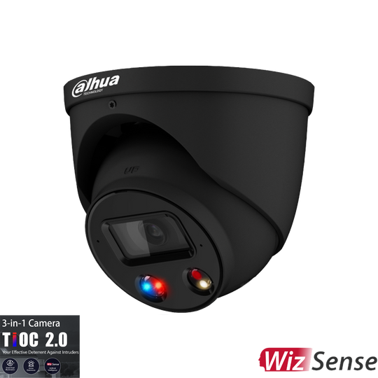 Dahua Deterrence Full color Starlight IP Black Turret Fixed 2.8mm, SMD4.0, 8MP, Built-in Mic & Speaker, WDR, Micro SD, IP67, POE, Black.