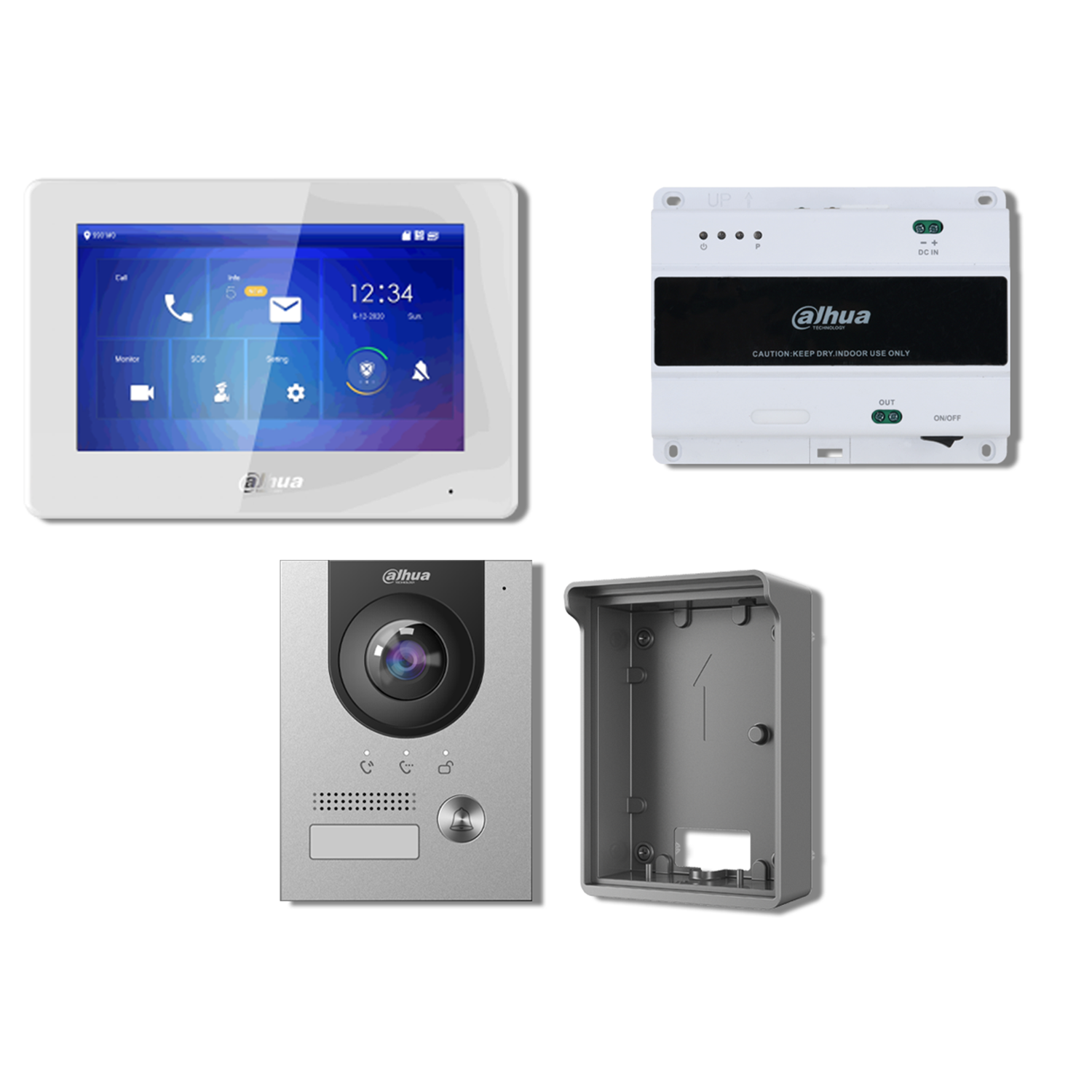 Dahua 2 wire intercom kit, including: 1 x 7 inch Monitor DHI-VTH5422HW, 1 x Outdoor Station DHI-VTO2202F-P-S2, 1 x VTNS1001B-2-A, 1 x surface mount bracket VTM05R.