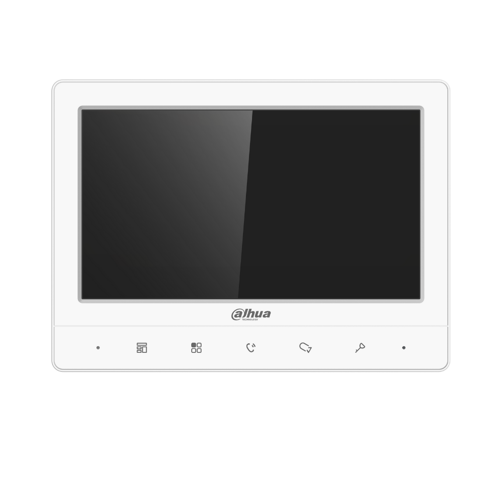 7 inch Screen, indoor monitor function: Unlock, video call, volume adjustment, and doorway monitoring.
