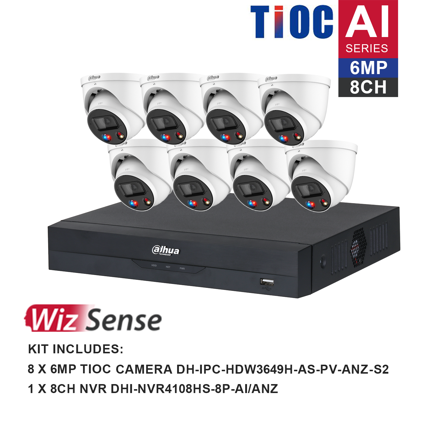 Dahua WizSense AI TiOC 8 Channel Kit including 8*DH-IPC-HDW3649H-AS-PV-ANZ, 1*DHI-NVR4108HS-8P-AI/ANZ, the hard drive is not included. Please purchase a hard drive separately.