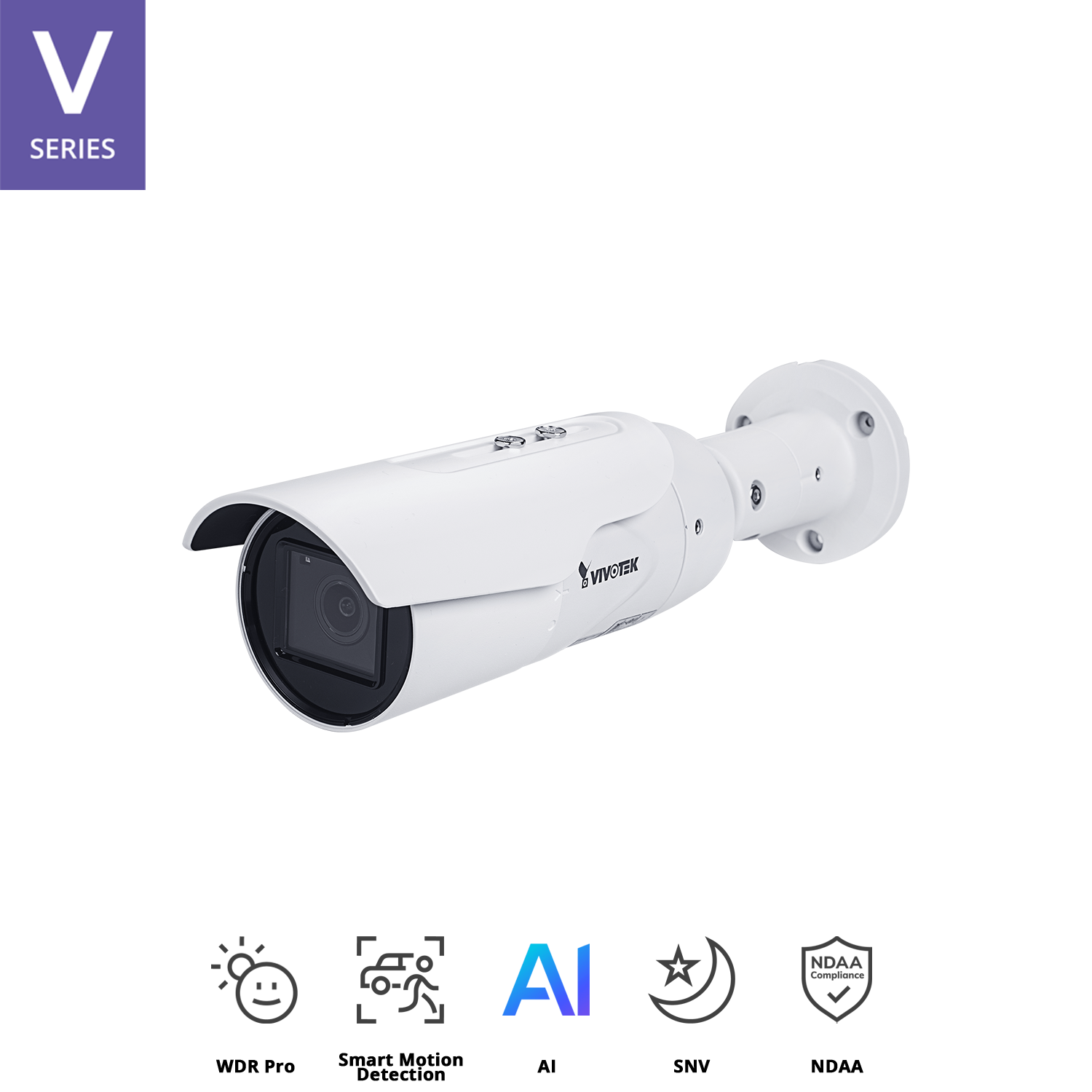 OutdoorBullet, 5M 30fps, H.265/H.264/MJPEG, f2.8~10mm Motorized Lens,, IR 30m, SNV, WDR PRO, Smart Stream III, PoE, One-way Audio, Micro SD/SDHC/SDXC, IP66/IK10, Working Temperature:-40°C ~ 60°C (-40°F ~ 140°F) (IR off).