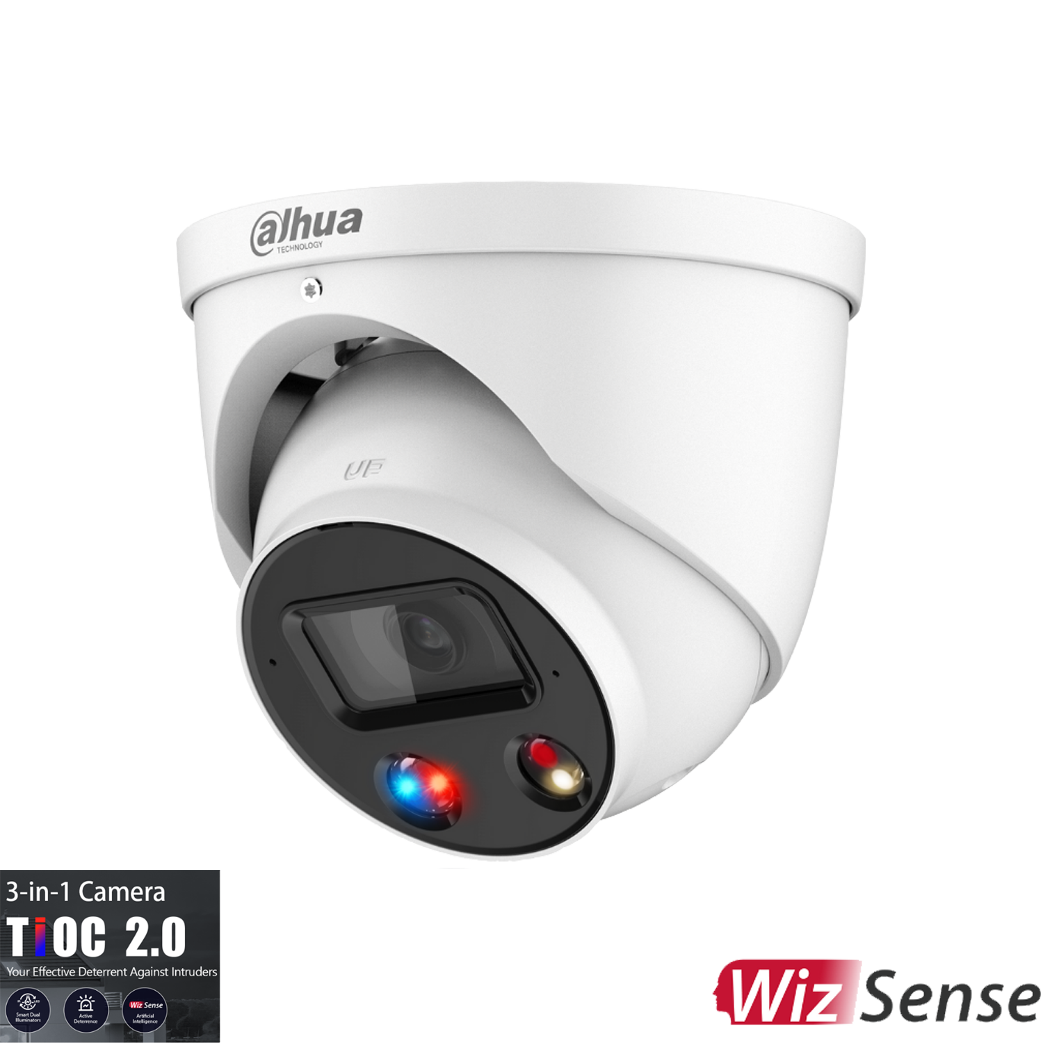 Dahua Deterrence Full color Starlight IP Turret Fixed 2.8mm, SMD4.0, 8MP, Built-in Mic & Speaker, WDR, Micro SD, IP67, POE.