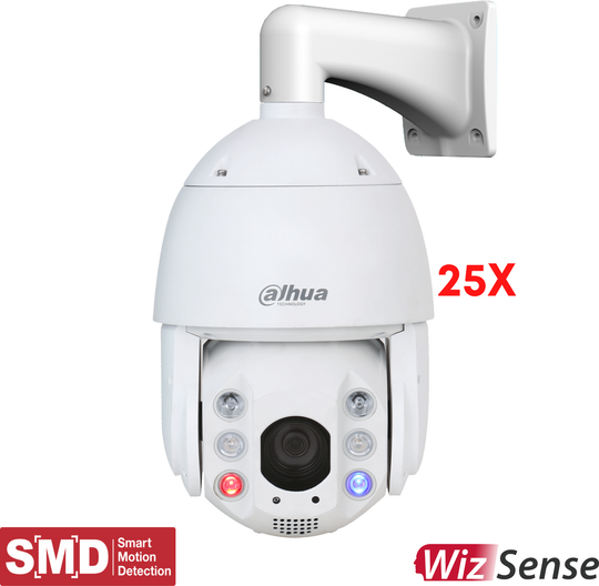 Dahua 4 MP 25x Starlight IR WizSense Network PTZ Camera, 1/2.8' 4Megapixel STARVIS? CMOS, Powerful 25x optical zoom, Starlight technology, IR distance up to 150 m, Perimeter protection, Face detection, Metadata, Full-color illuminator; red and blue warni