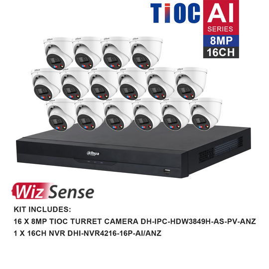 Dahua WizSense AI TiOC 16 Channel Kit including 16*DH-IPC-HDW3849H-AS-PV-ANZ, 1*DHI-NVR4216-16P-AI/ANZ, the hard drive is not included. Please purchase a hard drive separately.