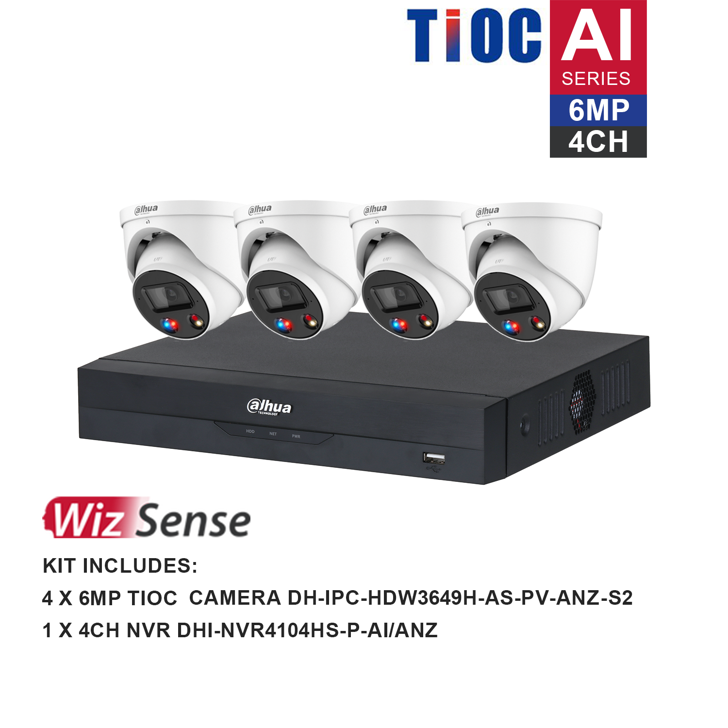 Dahua WizSense AI TiOC 4 Channel Kit including 4*DH-IPC-HDW3649H-AS-PV-ANZ, 1*DHI-NVR4104HS-P-AI/ANZ, the hard drive is not included. Please purchase a hard drive separately.