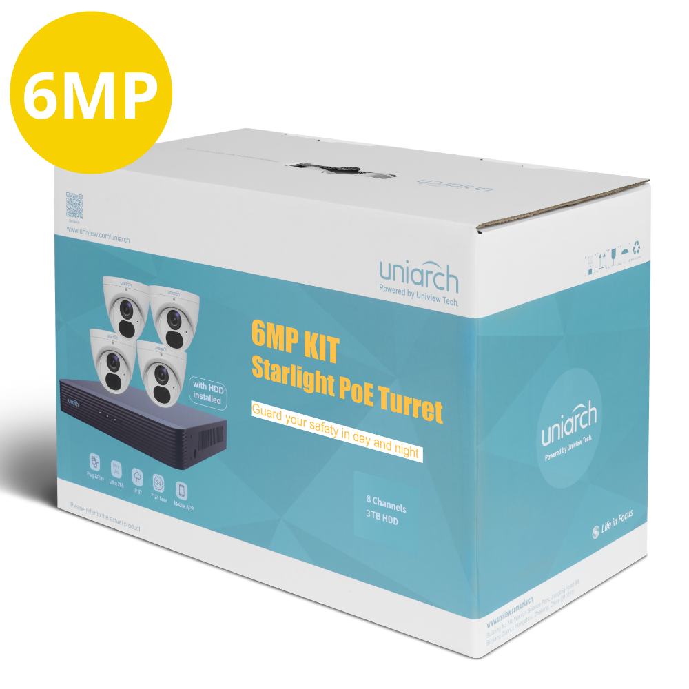 In the box: 4 x Uniarch 6MP Starlight Fixed Turret Network Camera IPC-T1E6-AF28K, 1 x 8ch NVR-108X-P8 with 3TB HDD installed. PLEASE NOTE - this kit does NOT come with Ethernet cables.