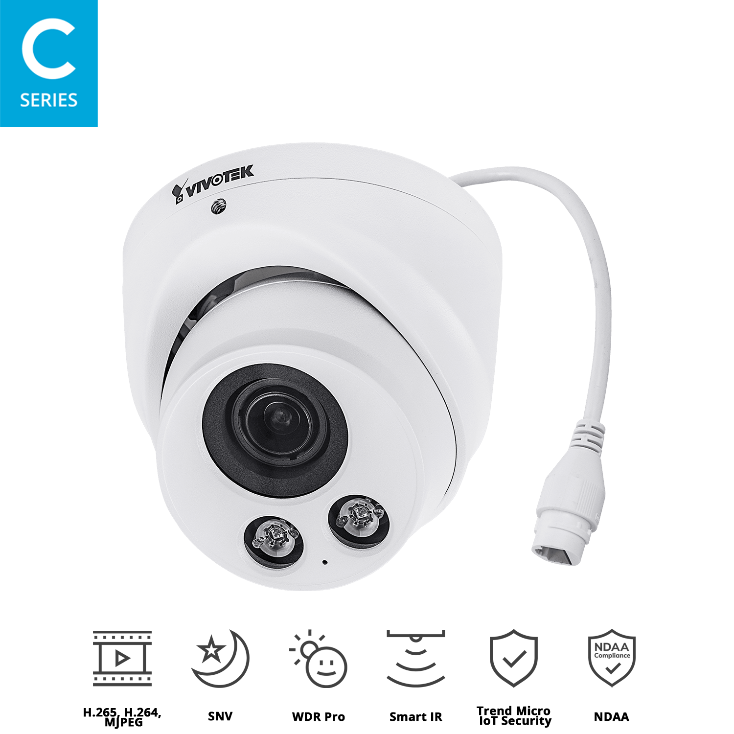 Flat-faced Dome, 5M 20fps, H.265/H.264/MJPEG, f2.8~12mm remote focal lens, D/N, IR 30m, WDR Pro, PoE, MicroSD/SDHC/SDXC, Working Temperature: -30°C ~ 60°C (-22°F ~ 140°F).