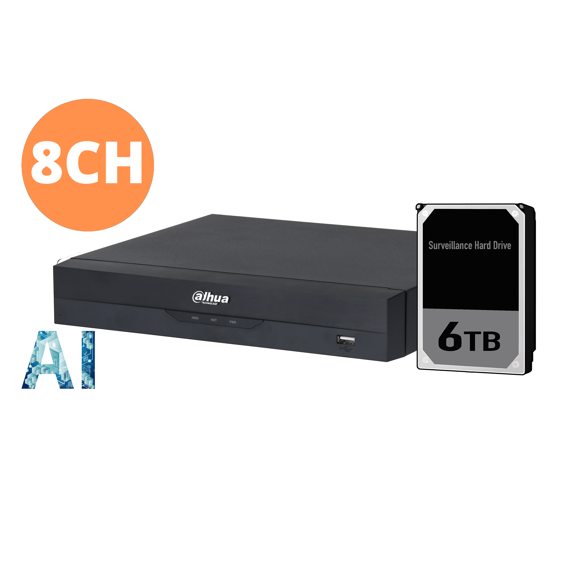 Dahua 8ch NVR Record Up to 16MP, 8 Port PoE,HDMI(4K),SMD4.0, quick pick, P2P, 6TB HDD installed.