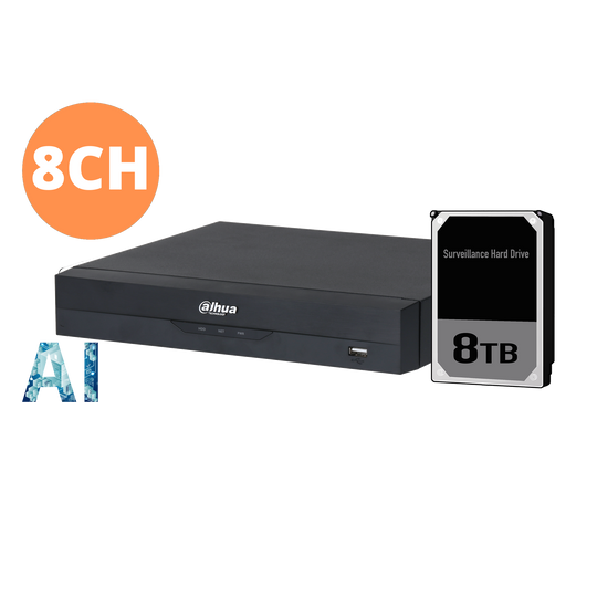 Dahua 8ch NVR Record Up to 16MP, 8 Port PoE,HDMI(4K),SMD4.0, quick pick, P2P, 8TB HDD installed.