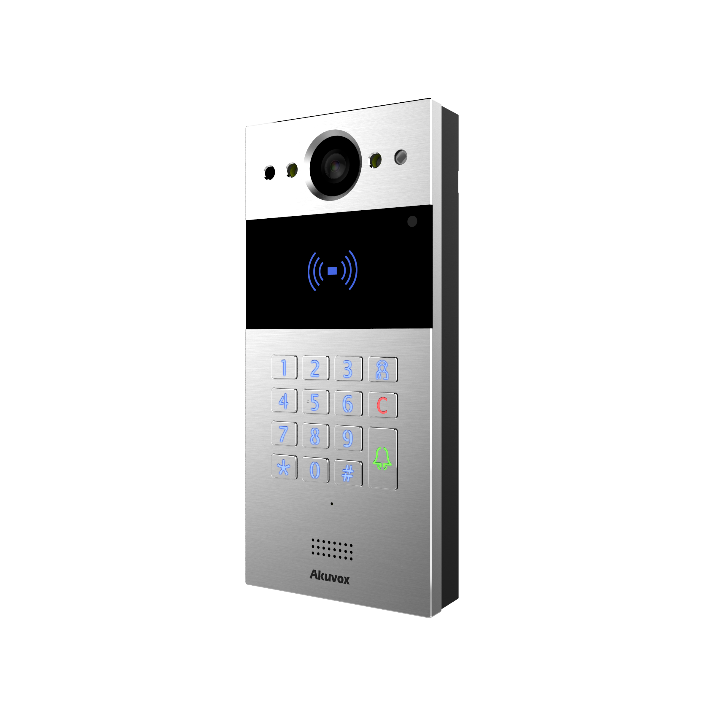 SIP video door phone, space-saving and highly compatible, numeric keypad, used in apartment and office buildings, On-wall (Surface mount) bracket included.