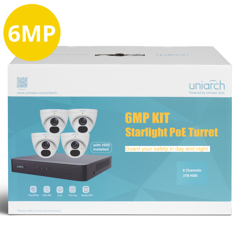 In the box: 4 x Uniarch 6MP Starlight Fixed Turret Network Camera IPC-T1E6-AF28K, 1 x 8ch NVR-108X-P8 with 3TB HDD installed. PLEASE NOTE - this kit does NOT come with Ethernet cables.