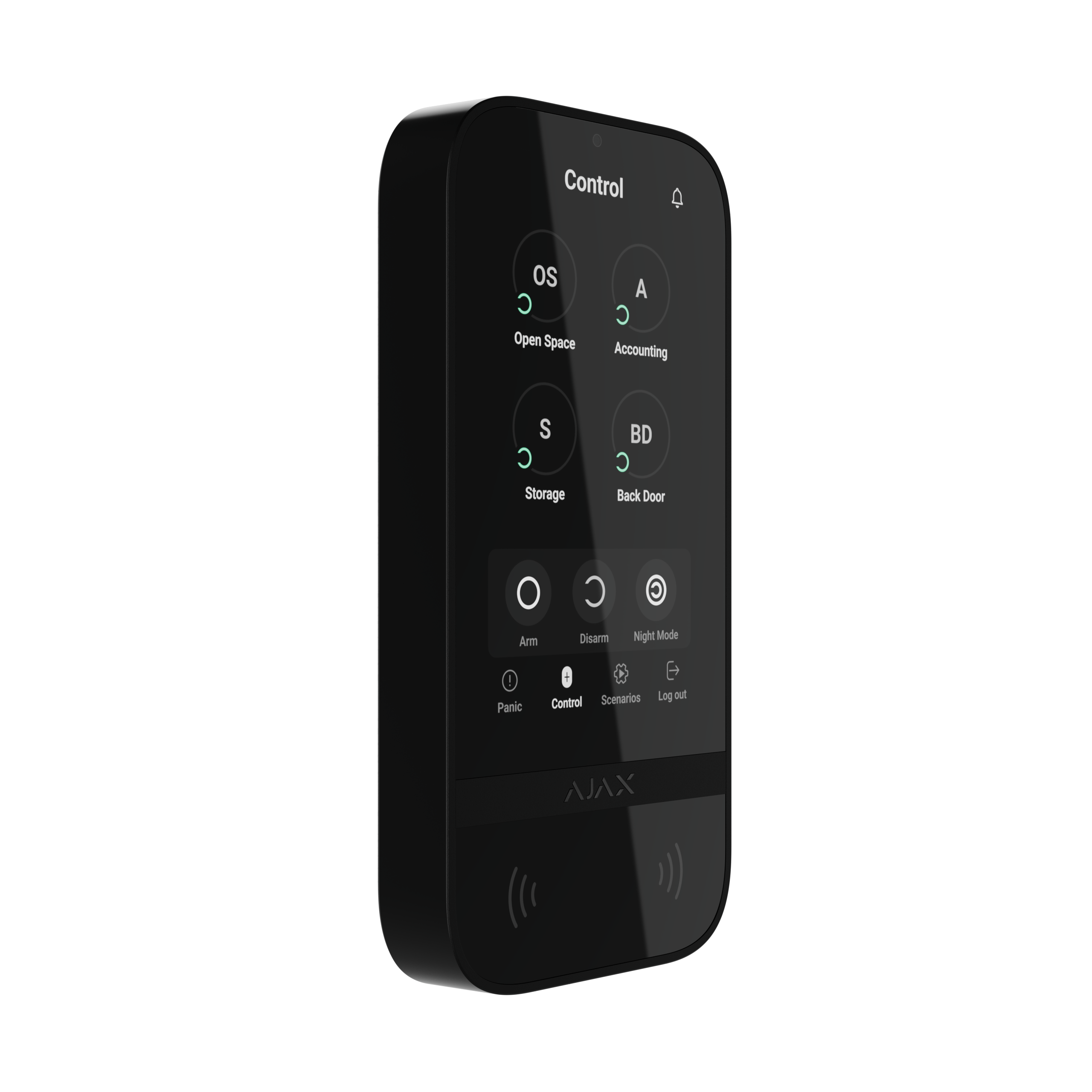 Black wireless keypad with touch screen to control an Ajax system.