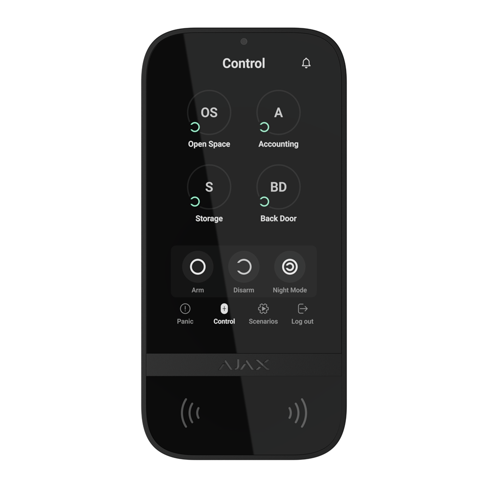 Black wireless keypad with touch screen to control an Ajax system.