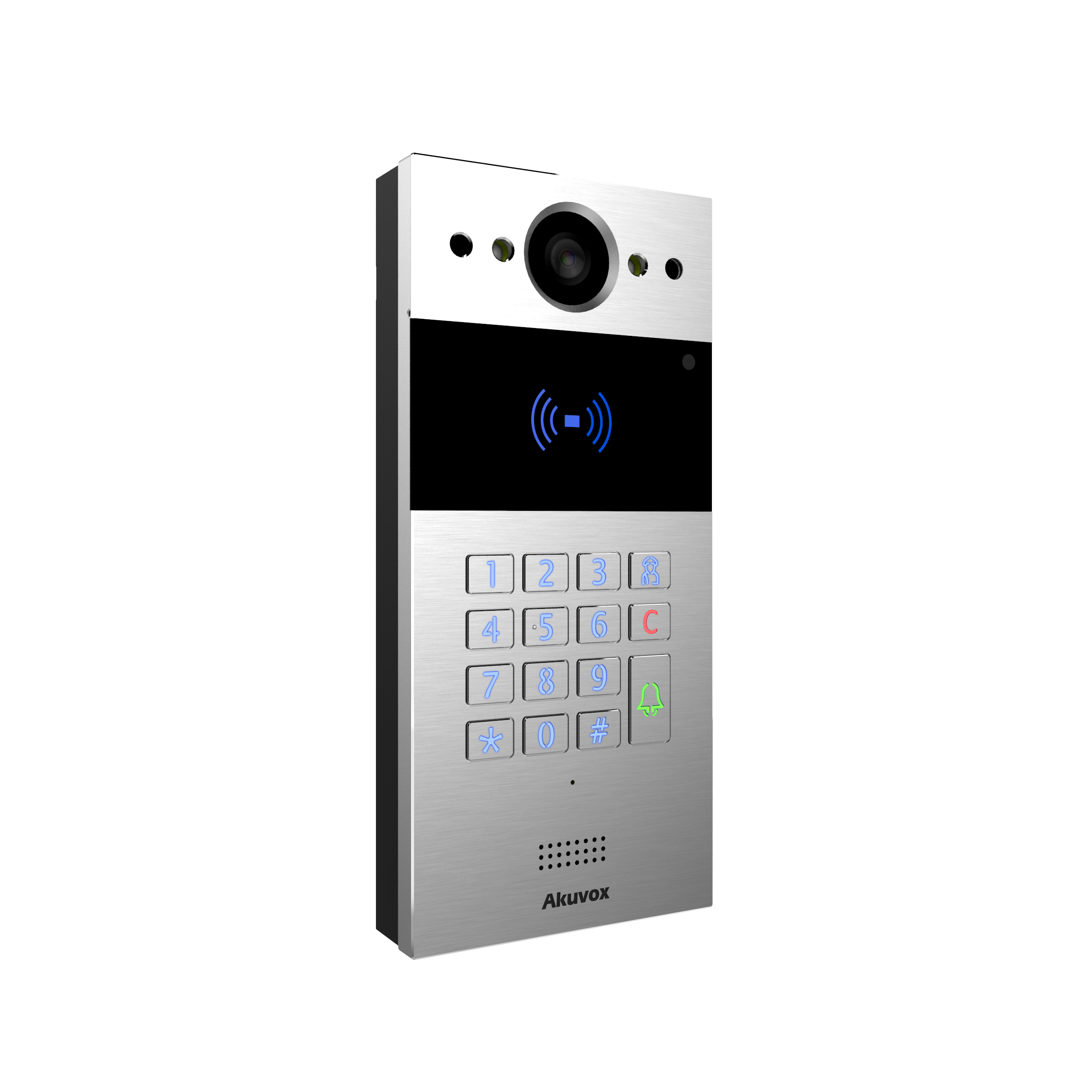 SIP video door phone, space-saving and highly compatible, numeric keypad, used in apartment and office buildings, On-wall (Surface mount) bracket included.