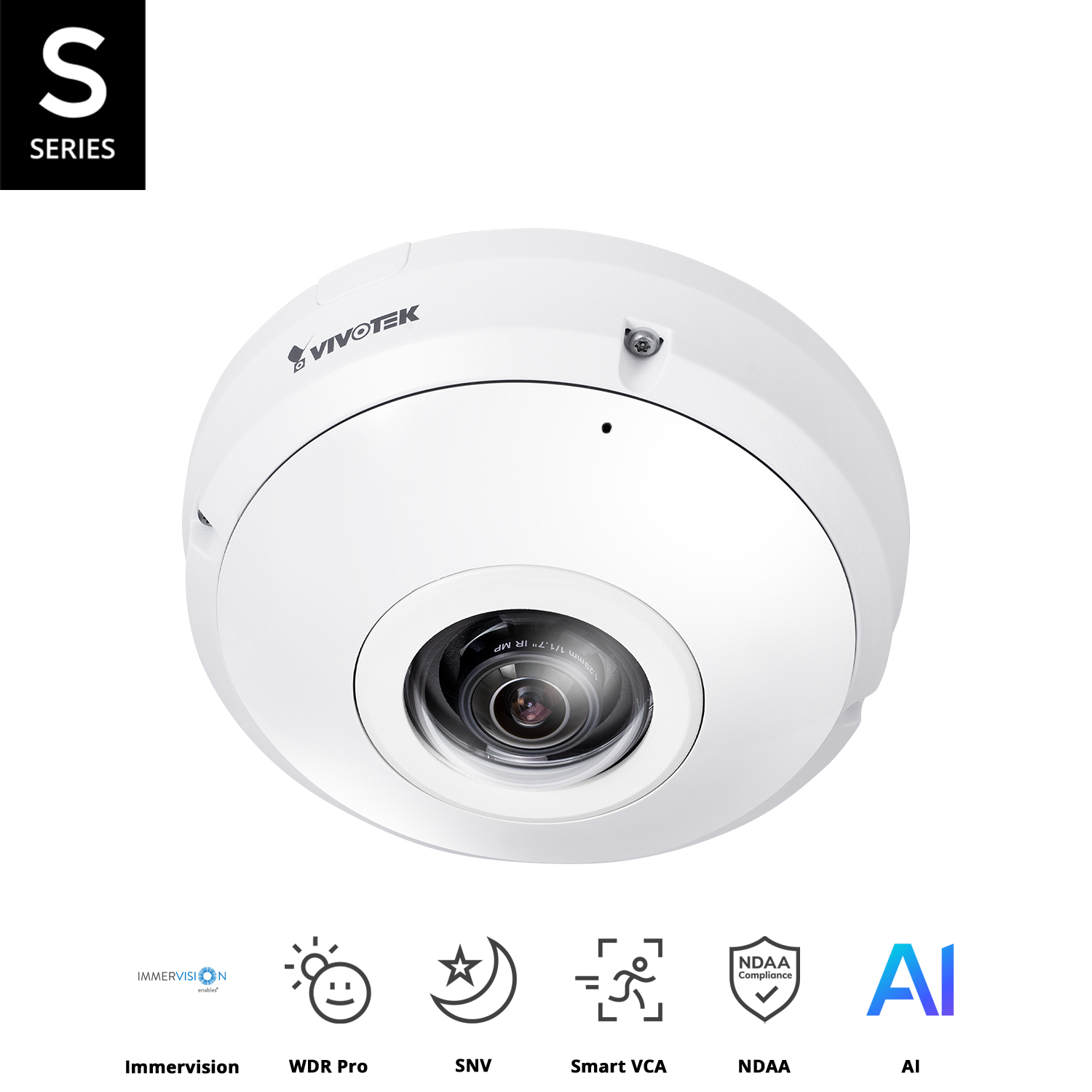 Indoor 360 Fisheye, 12MP 2944x2944, 30fps, H.265/H.264/MJPEG,  f1.22mm lens, F1.8, WDR Pro, Built-in Mic, MicroSD/SDHC/SDXC, PoE, Attribute VCA for people and vehicle,Smart VCA, Local Dewarp, NDAA, -10°C ~ 50°C.
