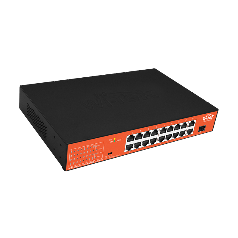 Wi-Tek 16FE+1GE+1Combo SFP Ports 250M Long Range PoE Switch with 16Port PoE.